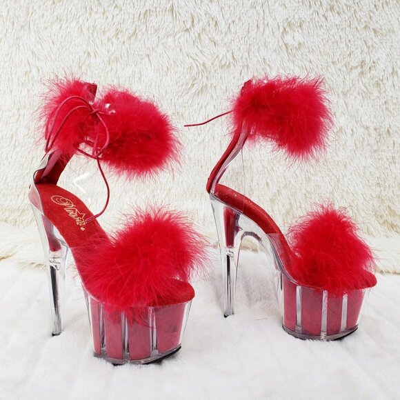 Red Furry Marabou Feather 7" High Heel Platform Shoe - Picture 2 of 15